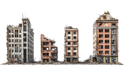 Post-apocalyptic city buildings isolated, representing abandoned or destroyed architecture after a natural disaster, perfect for dystopian or ruin-themed designs.