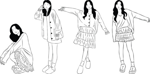 Woman in Warm Sweater and Mini Skirt. Winter Fashion Illustration in line art design.