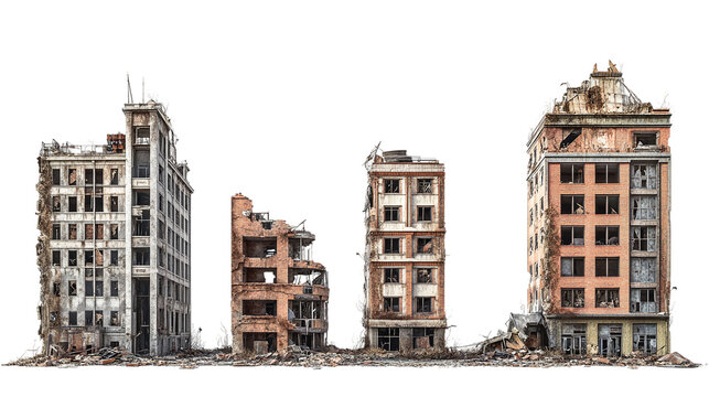 Post-apocalyptic city buildings isolated, representing abandoned or destroyed architecture after a natural disaster, perfect for dystopian or ruin-themed designs.