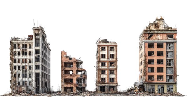 Post-apocalyptic city buildings isolated, representing abandoned or destroyed architecture after a natural disaster, perfect for dystopian or ruin-themed designs.
