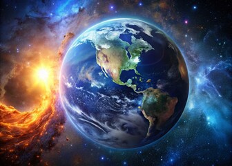 Obraz premium Stunning Blue Planet Earth in Vast Cosmos, Space Exploration, Celestial Body, Galaxy Background