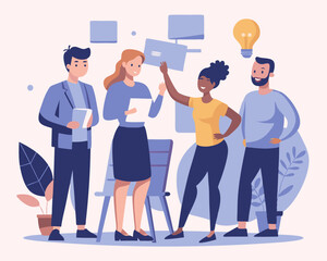Business Workshop Team Discussion with Sticky Notes &ndash; Vector Illustration