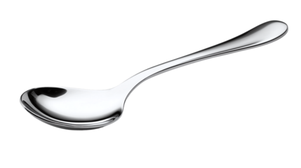 Stainless steel soup spoon isolated on transparent background, ideal for kitchen utensils used in serving hot broth, noodles, and fresh ingredients, especially in Asian cuisine.