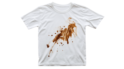 White t-shirt with brown coffee stain isolated on transparent background, representing spilled beverage accidents, laundry messes, or spoiled clothing in everyday life.