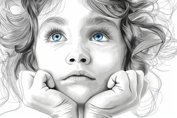 Artistic black and white portrait of a young girl gazing upward, featuring dynamic curly hair and detailed facial features.