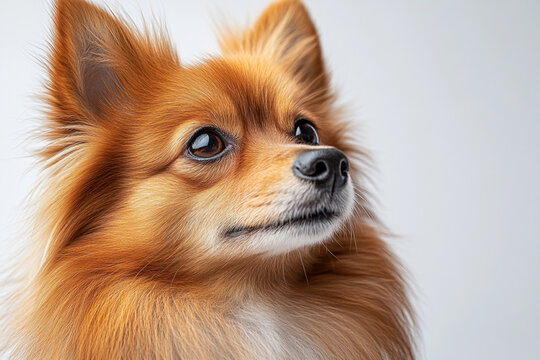 German Spitz dog close-up portrait on a white background.	