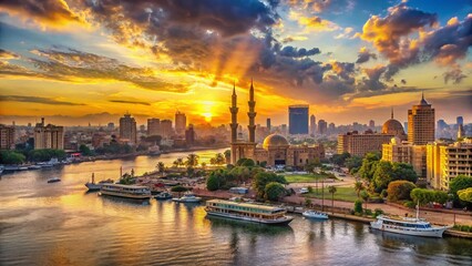 Fototapeta premium Stunning High-Resolution Nile River Cairo Skyline Panorama at Sunset