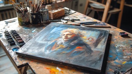 Artistic Charcoal Drawing on Board with Natural Lighting