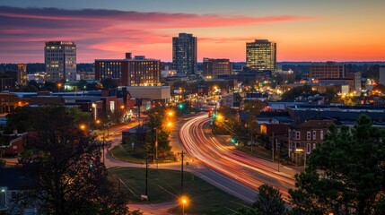 Obraz premium Vibrant cityscape at sunset, showcasing city lights and highway traffic.
