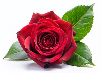 Fototapeta premium Stunning Red Rose with Lush Green Leaves Isolated on White - Perfect for Valentine's Day or Romantic Designs