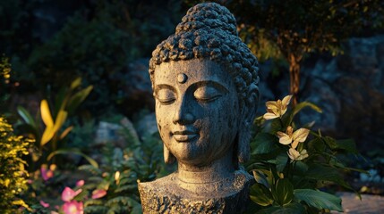 Gentle sunlight illuminates a serene stone buddha statue nestled amidst lush tropical foliage, creating a tranquil atmosphere of peace and meditation in a vibrant garden setting