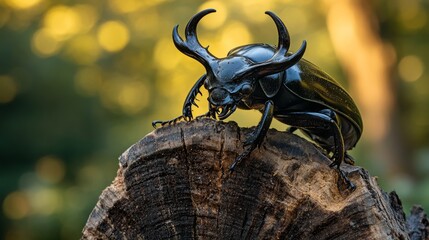 Fototapeta premium Majestic stag beetle posing on tree stump against blurred nature background.
