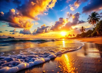 Stunning Sunset Beach Scene: Golden Hour Bokeh Photography