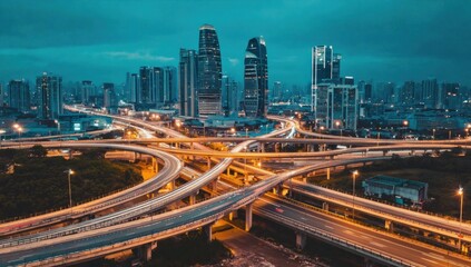 Fototapeta premium Dynamic nighttime traffic flow city skyline aerial view urban environment