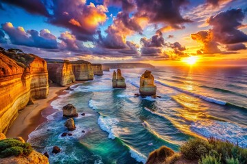Stunning Sunset Seascape with Dramatic Rock Formations and Bokeh Effect