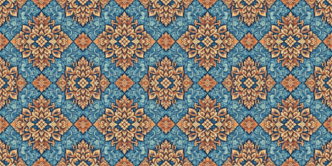 Tribal pattern Thai art abstract seamless texture of the blue fabric
