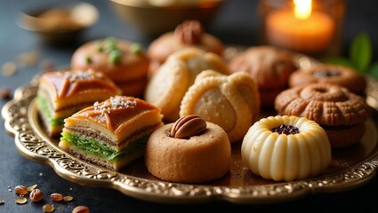 Exquisite Middle Eastern sweets beautifully arranged on a golden tray