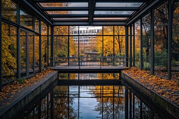 Modern Glass and Steel Bridge Spanning Tranquil River Reflections