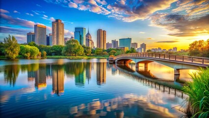 Obraz premium Summer Urban Lake Bridge Cityscape Stock Photo - Peaceful City View