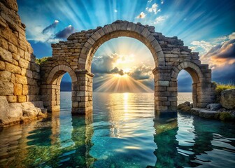 Sunbeams Illuminate Ancient Underwater Stone Archway Ruins - Stock Photo
