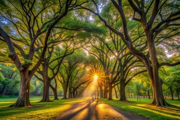 Fototapeta premium Sunbeams Through Ancient Elms, Central Park Night Photography