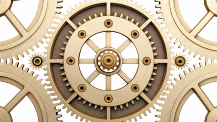 Intricate wooden clockwork mechanism featuring interlocking gears and cogs, showcasing craftsmanship and precision in design. gears create harmonious movement, symbolizing time and engineering