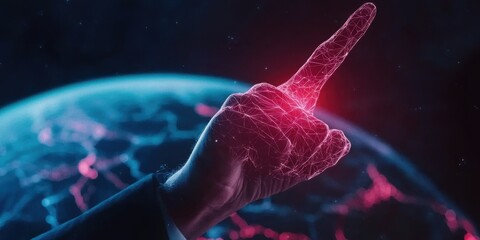 A futuristic hand pointing towards a digital globe, symbolizing technology, innovation, and global connection.
