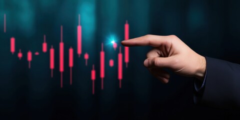 A hand points at a glowing candlestick chart, symbolizing trading and financial analysis in a dark, futuristic setting.
