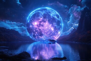 Magical Water Moon Illuminates Serene Landscape with Tidal Waves