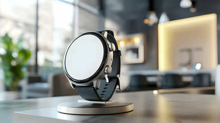 Elevated view of blank smartwatch on sleek wrist stand in modern setting.