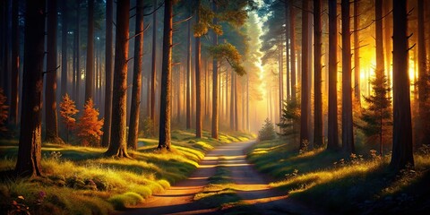 Obraz premium Sunlit Path & Shadowy Trail: Two Ways Through a Majestic Pine Forest