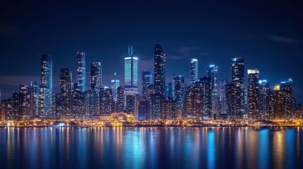 illuminated skyline creates a stunning reflection on the calm waters of lake , showcasing the city's vibrant architecture and urban beauty at night
