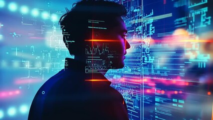Profile of a person immersed in a digital world with vibrant data streams and futuristic elements