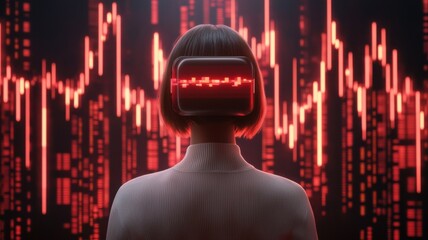A person with a futuristic headset stands against a backdrop of red digital data, symbolizing technology and data analysis.