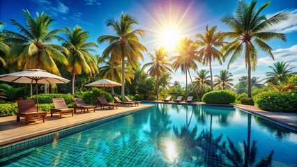 Fototapeta premium Sunny Vacation Resort: Relaxing Poolside Scene with Lush Greenery