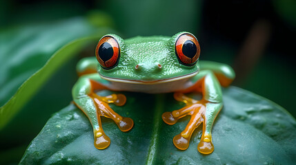 Fototapeta premium Closeup Photo of a Green Tree Frog on a Leaf