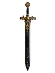 A beautifully crafted decorative sword stands upright, showcasing a dark blade adorned with ornate golden patterns and a detailed hilt, highlighting its elegance and craftsmanship.