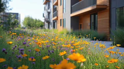 Lush urban green space flourishing with vibrant wildflowers promoting sustainability, eco-friendly urban planning, green spaces, urban renewal, and environmental awareness in urban environments.