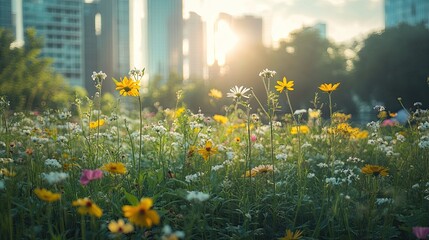 Lush urban green space wildflowers concrete jungle city center sustainable living urban gardening nature cityscape green space city life environmental awareness urban nature plants
