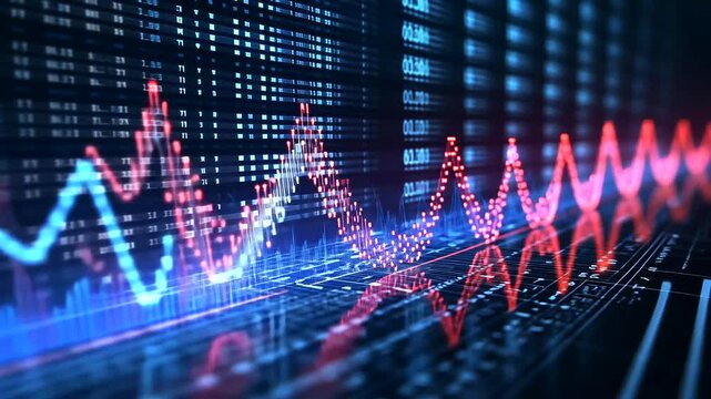 Abstract visualization of financial market trends with colorful data waves and grids