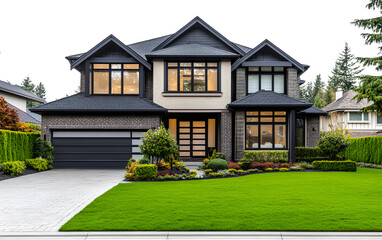 A beautiful house with a green lawn in front, in a transparent background PNG