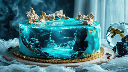 Stunning underwater-themed cake with coral decorations, set in a dreamy, misty background