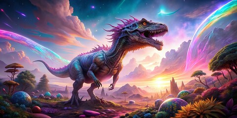 Naklejka premium Surreal Colorful Tyrannosaurus Rex Dinosaur Fantasy Art Stock Photo