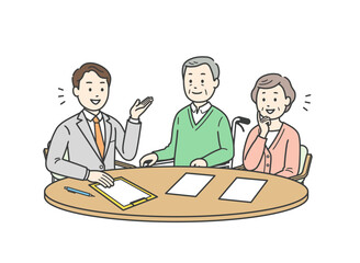 スーツ姿の男性から説明を受ける高齢者男女夫婦イラスト