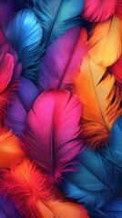 Colorful feathers, vibrant texture, close-up, background blur, design