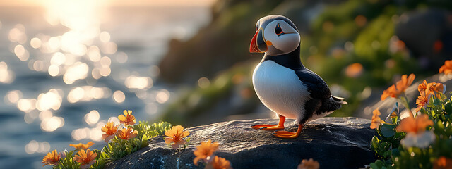 Puffin Bird on a Rock with Orange Flowers 3D Illustration
