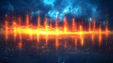 Glowing sound waves over city at dusk, for use as graphic for audio themes