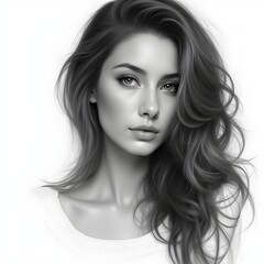 Naklejka premium Elegant black-and-white portrait of a young woman with wavy hair, gazing thoughtfully. A timeless and artistic photography style
