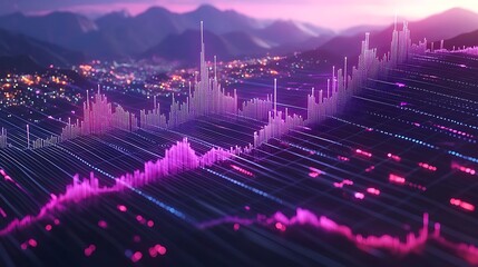 Graphs of data points in magenta, blue with city lights and mountains at dusk