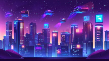 Futuristic city skyline with flying vehicles at night.